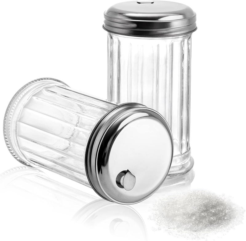 Tebery 4 Pack Sugar Shaker Dispenser Airtight, 12 Oz Thick Glass Sugar Pourer Container with Pour Flap Lid, Powdered Creamer Spice Dispenser for Coffee Bar, Salt, Pepper, Retro Style - Image 3